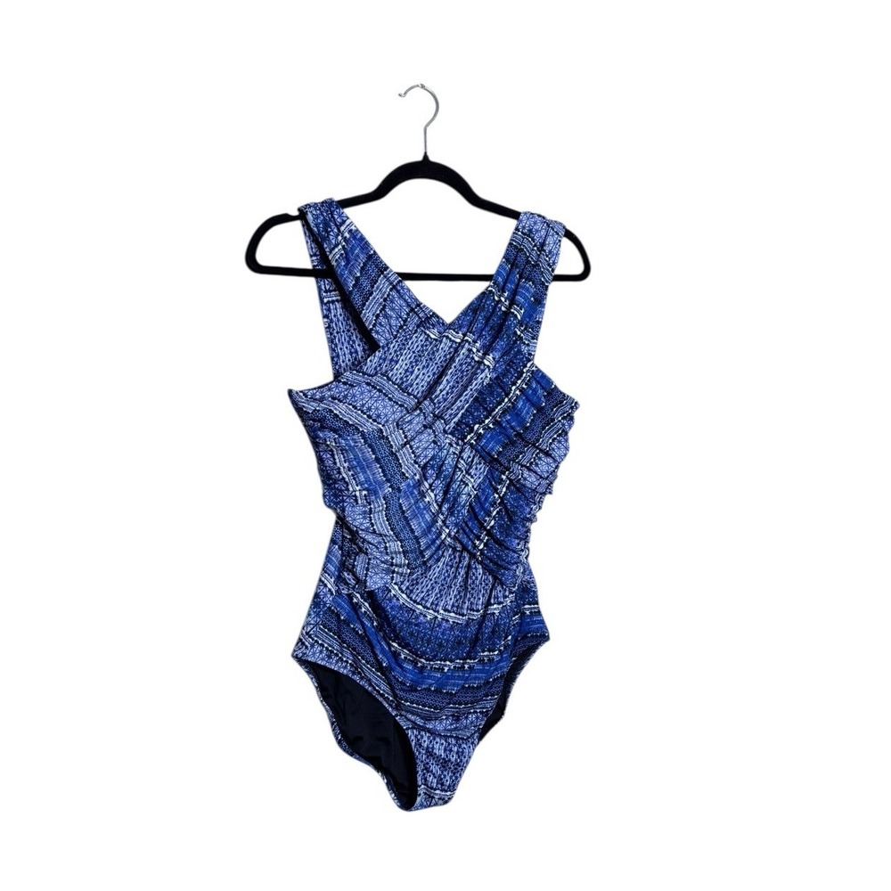Garnet Hill 14 Geometric Crossover Neck Ruched Front One Piece Swimsuit